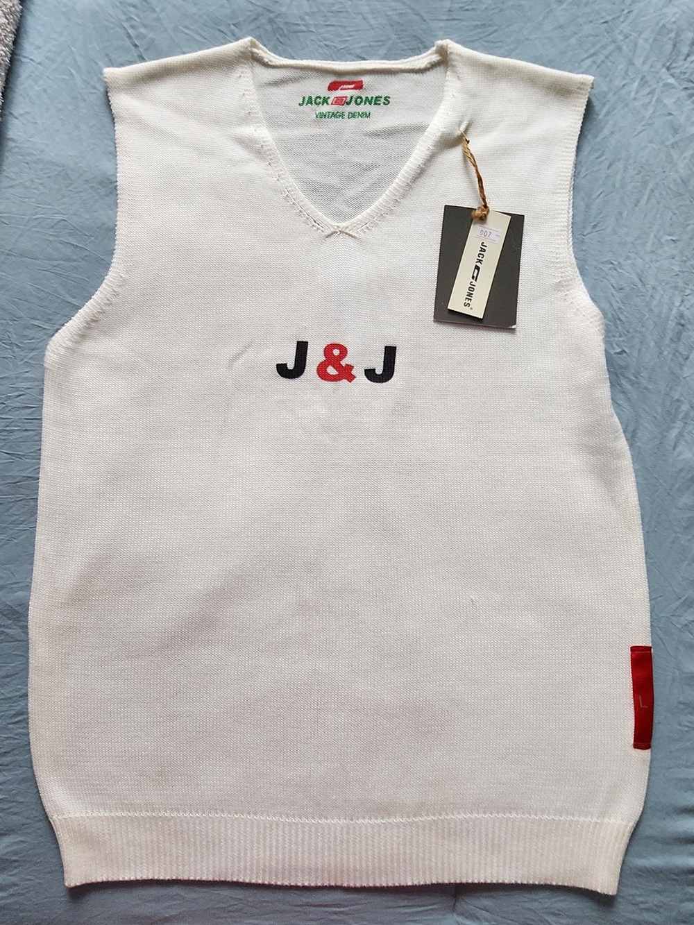 Jack & Jones White Knit Vest with Red & Black Logo